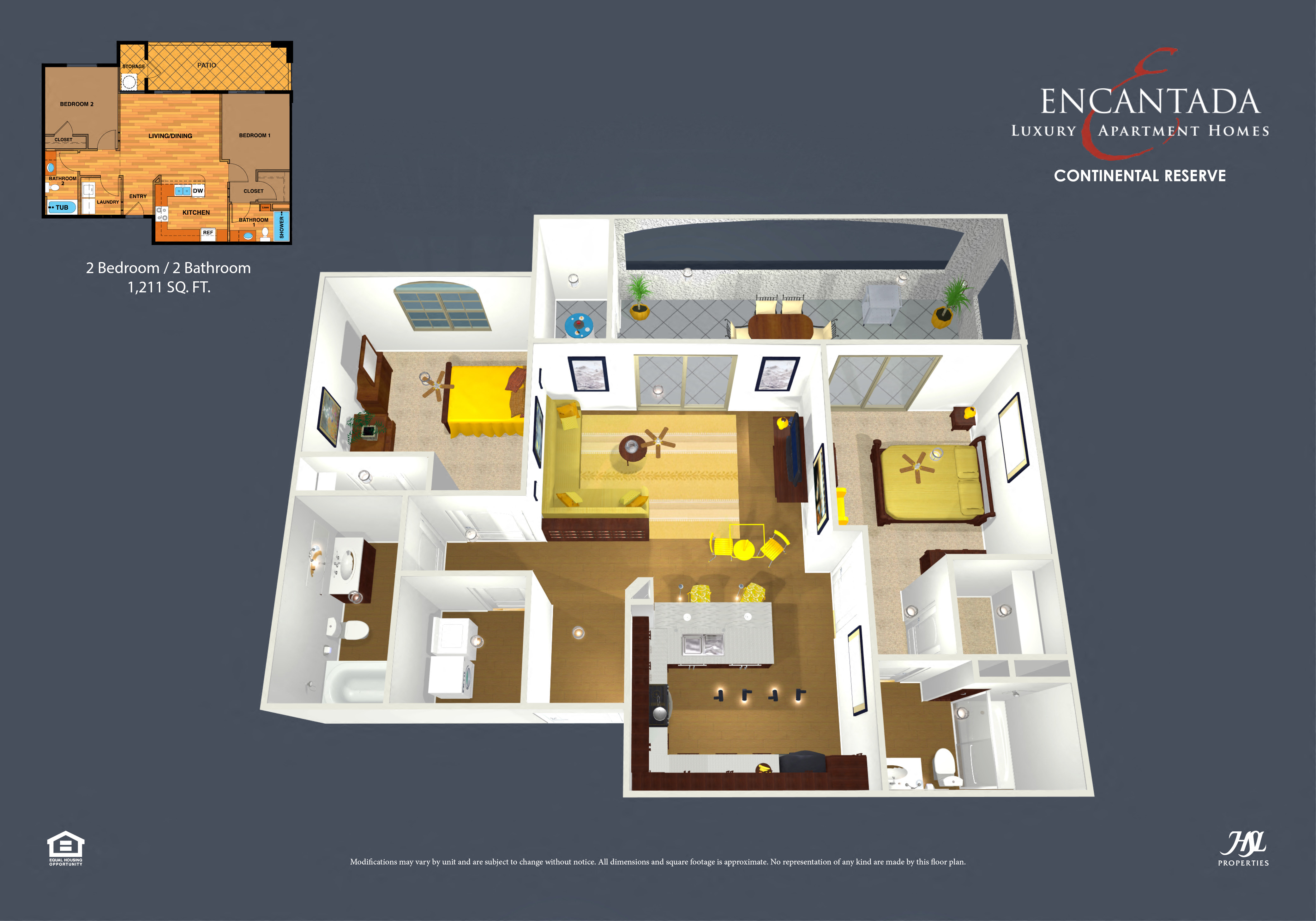 Floor plan for 2 beds, 2 baths, 1211 sqft